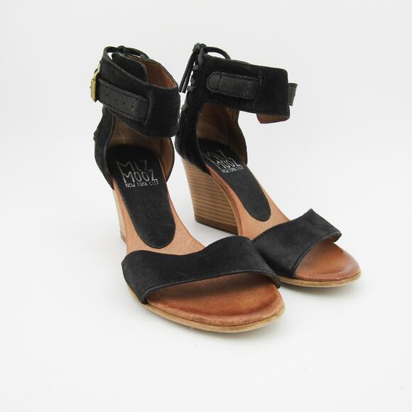 MIZ MOOZ Sandals 38 New York Leather Wedge High Heels Ankle Strap Black - Picture 5 of 11
